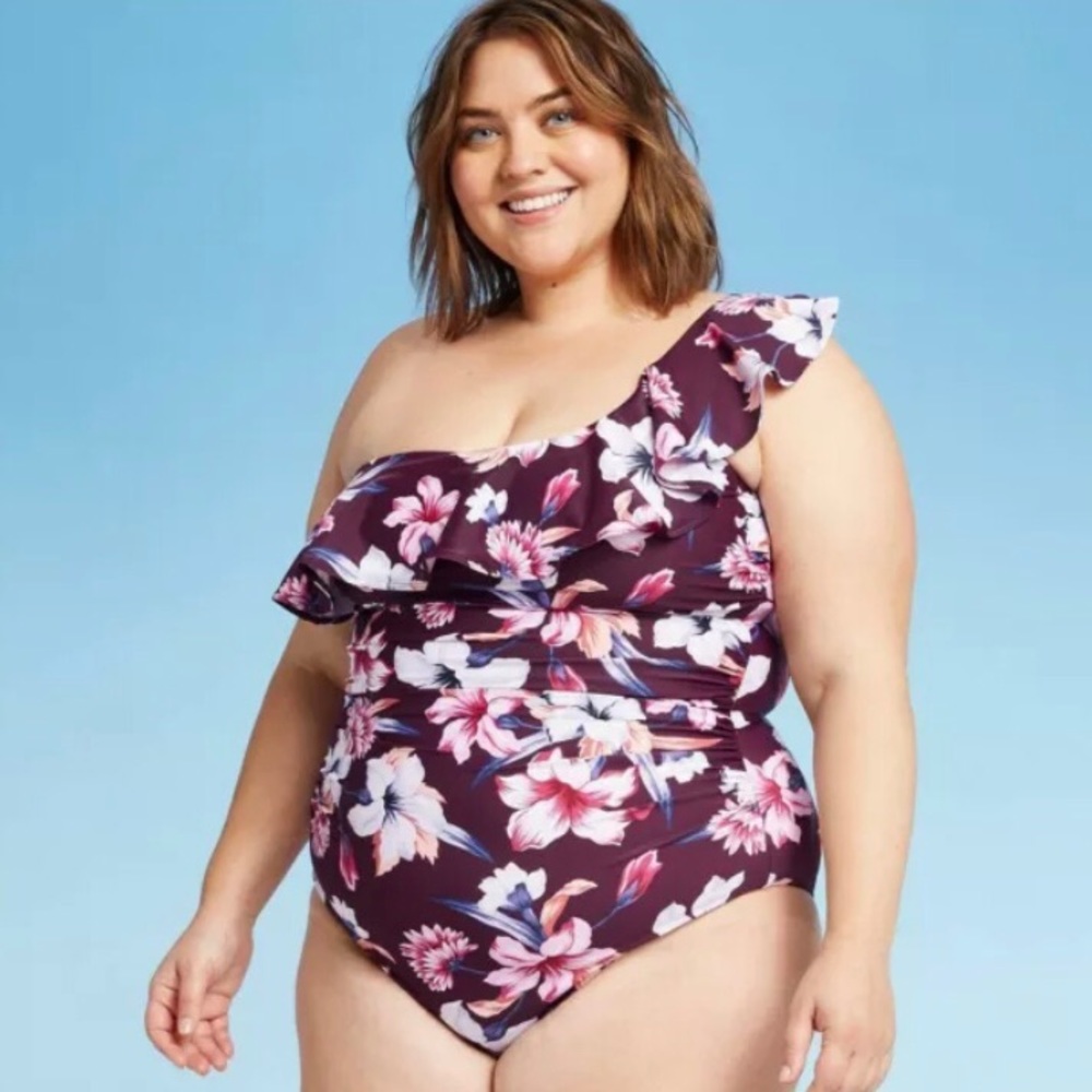 Kona Sol Purple Floral Single Shoulder One Piece Swimsuit Regular/Plus Sizes NEW